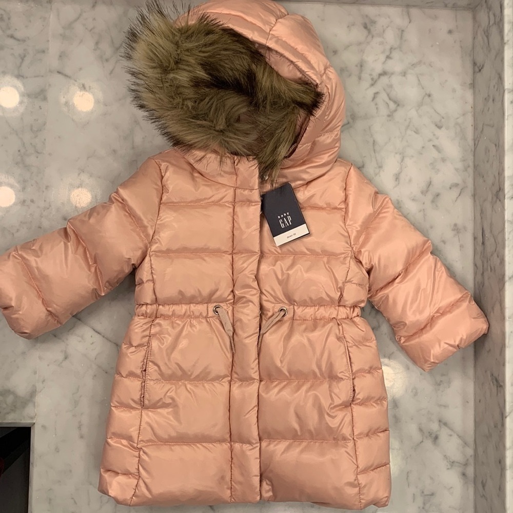 Gap down fill faux fur pink jacket for toddler
